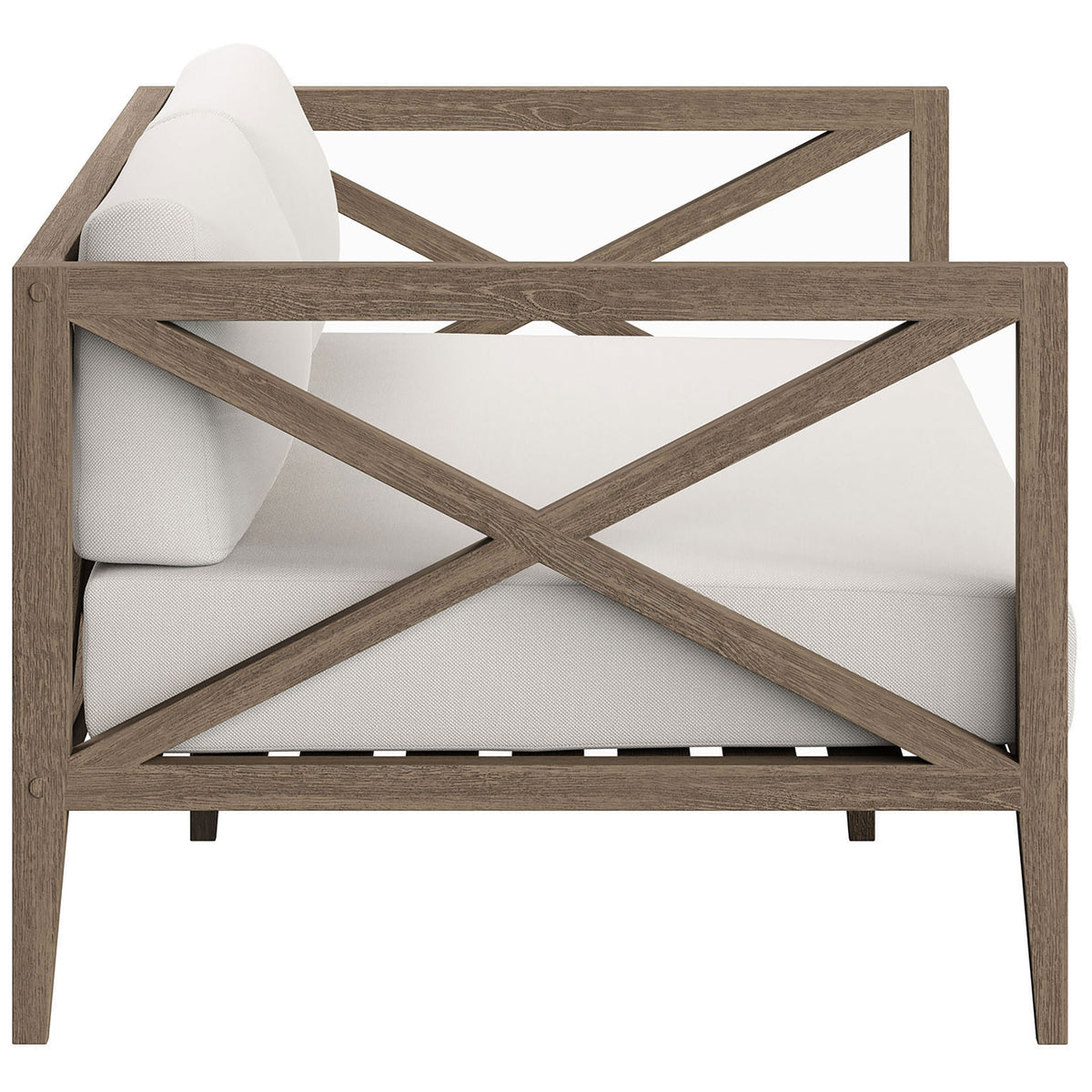 Slender teak arms and tapered legs frame the white cushions for a clean, coastal-inspired look. || EEI-7254-WGR-WHI || side_studio