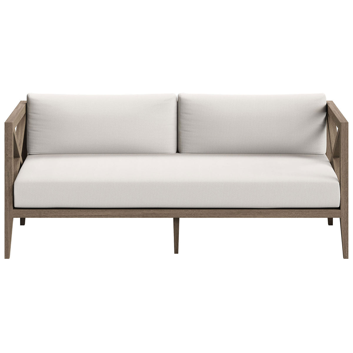 Teak outdoor loveseat with crisp white cushions and cross-back arms for relaxed, modern patio seating. || EEI-7254-WGR-WHI || front_studio