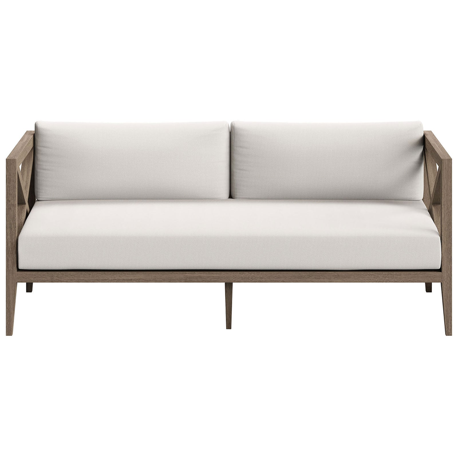 Teak outdoor loveseat with crisp white cushions and cross-back arms for relaxed, modern patio seating. || EEI-7254-WGR-WHI || front_studio