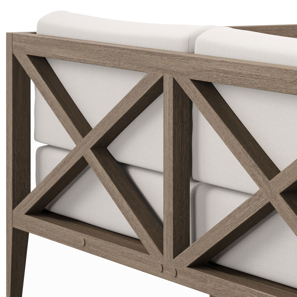 Detail of the teak cross-brace and layered white cushions showcases durable outdoor craftsmanship. || EEI-7254-WGR-WHI || detail_studio