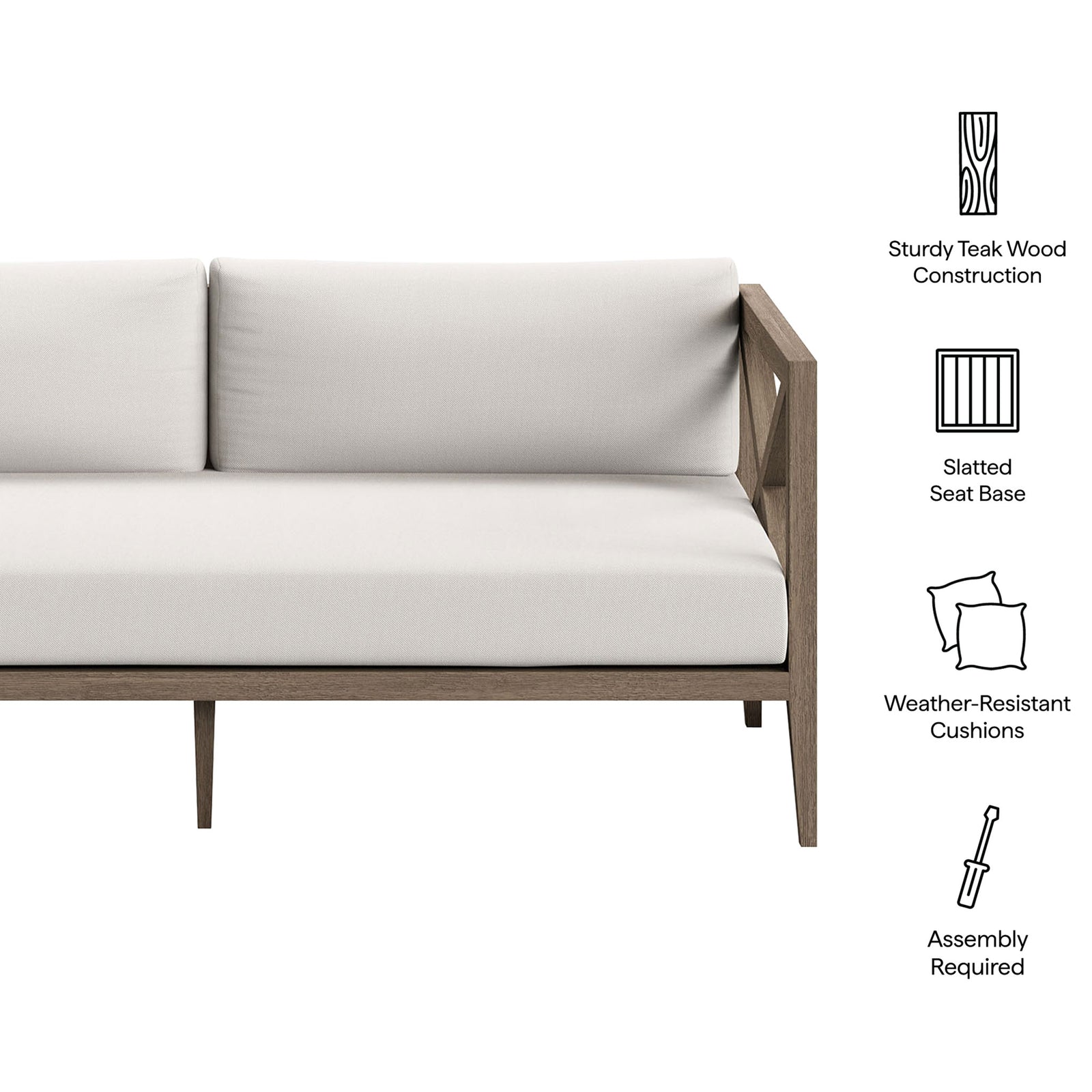 Feature icons highlight the teak frame, slatted seat base, and weather-resistant white cushions of this loveseat. || EEI-7254-WGR-WHI || callout_studio