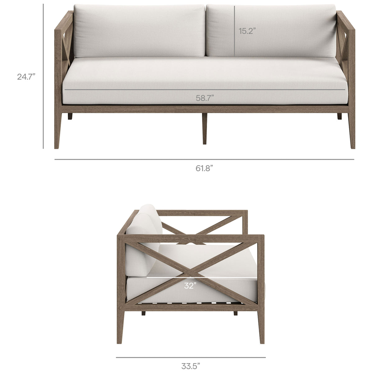 Measurement details for the Northlake teak loveseat ensure white cushioned seating fits your patio layout. || EEI-7254-WGR-WHI || dimension_studio