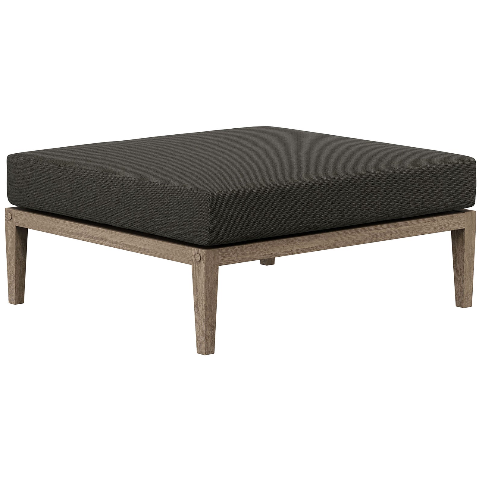 Teak outdoor ottoman with charcoal cushion and slim tapered legs for versatile patio seating || EEI-7255-WGR-FLI || front_angle_studio