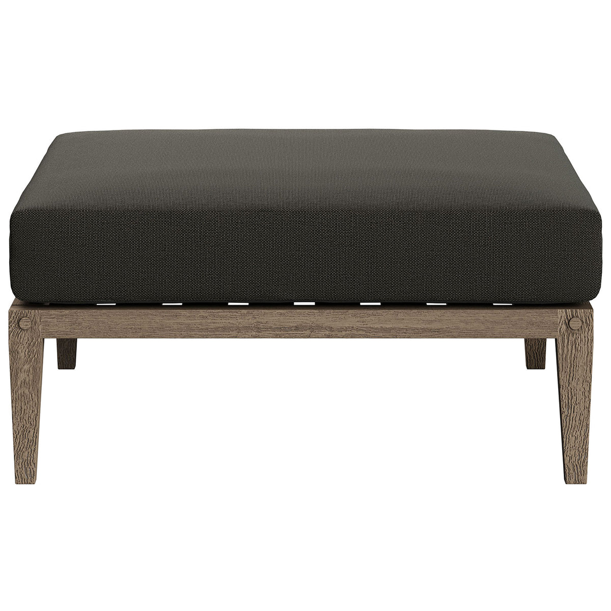 Modern teak patio ottoman with thick charcoal cushion and slatted base for breathable comfort || EEI-7255-WGR-FLI || front_studio