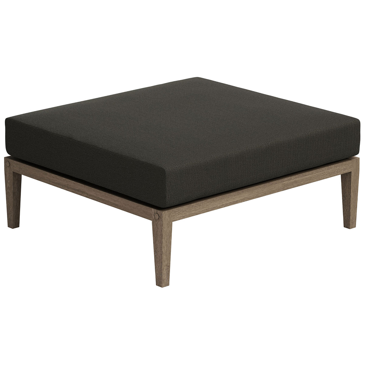Spacious square outdoor ottoman in teak with charcoal performance cushion for lounging || EEI-7255-WGR-FLI || front_angle_studio