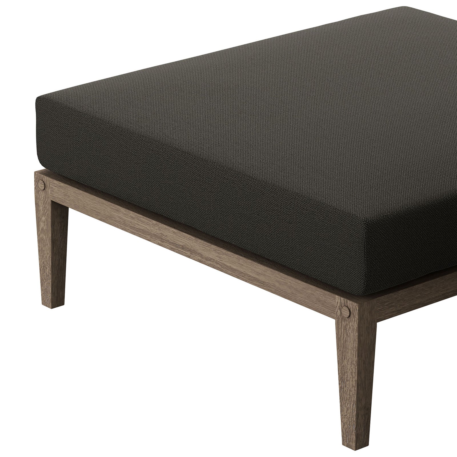 Charcoal cushion and weathered teak frame highlight the ottoman's clean lines and tailored edges || EEI-7255-WGR-FLI || detail_studio
