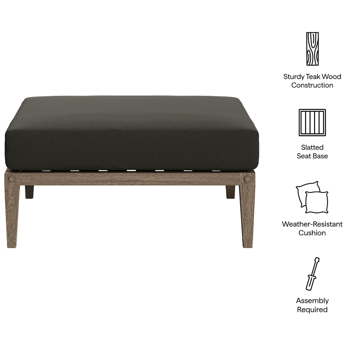Northlake teak outdoor ottoman with charcoal cushion featuring sturdy frame, slatted base, and weather-resistant design || EEI-7255-WGR-FLI || callout_studio