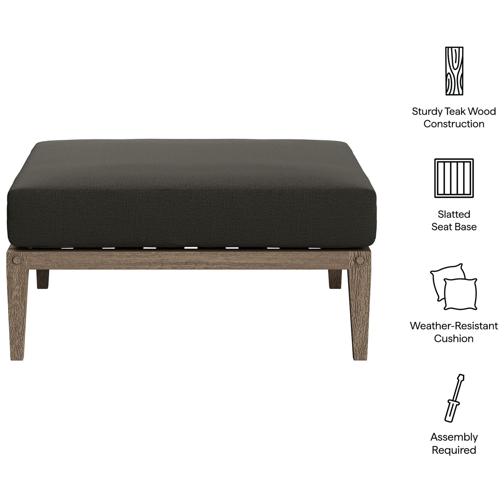 Northlake teak outdoor ottoman with charcoal cushion featuring sturdy frame, slatted base, and weather-resistant design || EEI-7255-WGR-FLI || callout_studio