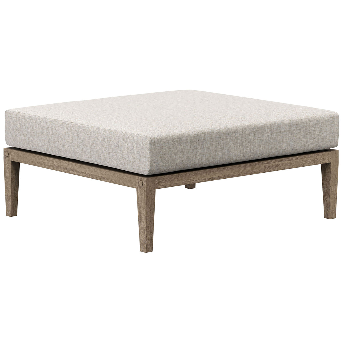 Teak outdoor ottoman with light beige cushion and slim tapered legs for versatile patio seating || EEI-7255-WGR-PEB || front_angle_studio