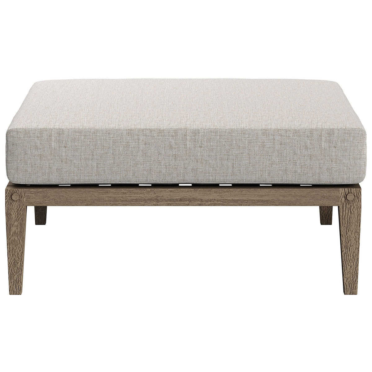 Modern teak patio ottoman with thick beige cushion and slatted base for breathable comfort || EEI-7255-WGR-PEB || front_studio