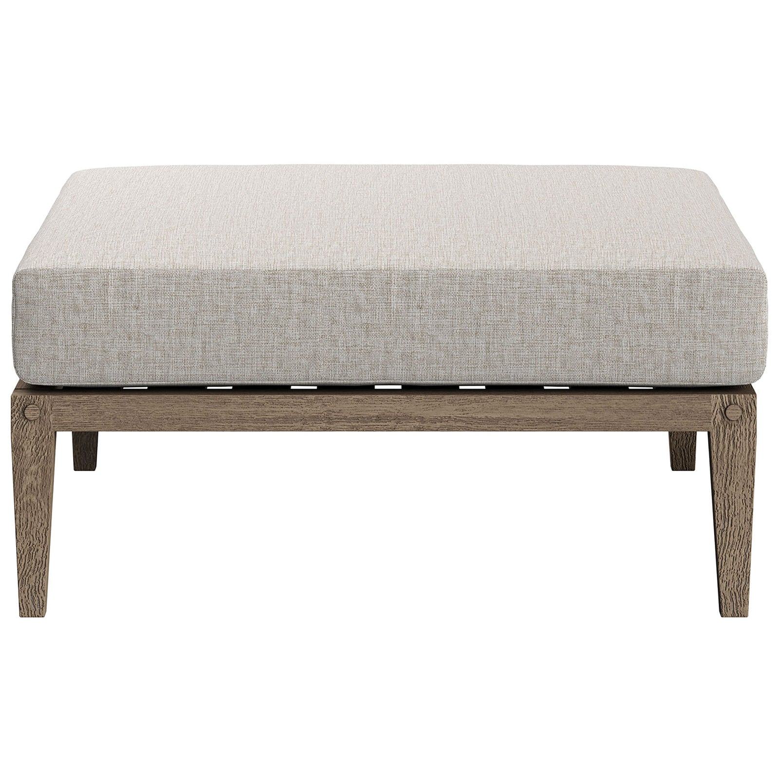 Modern teak patio ottoman with thick beige cushion and slatted base for breathable comfort || EEI-7255-WGR-PEB || front_studio