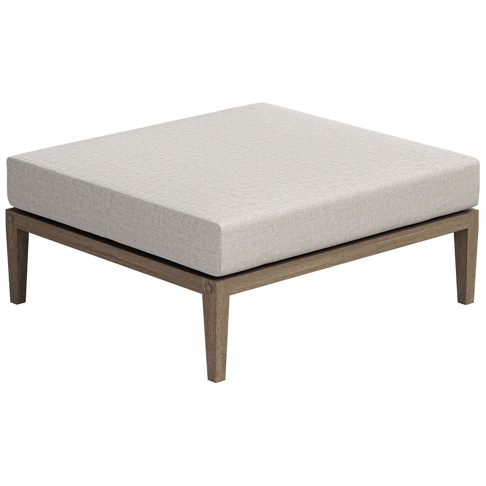Spacious square outdoor ottoman in teak with beige performance cushion for lounging || EEI-7255-WGR-PEB || front_angle_studio