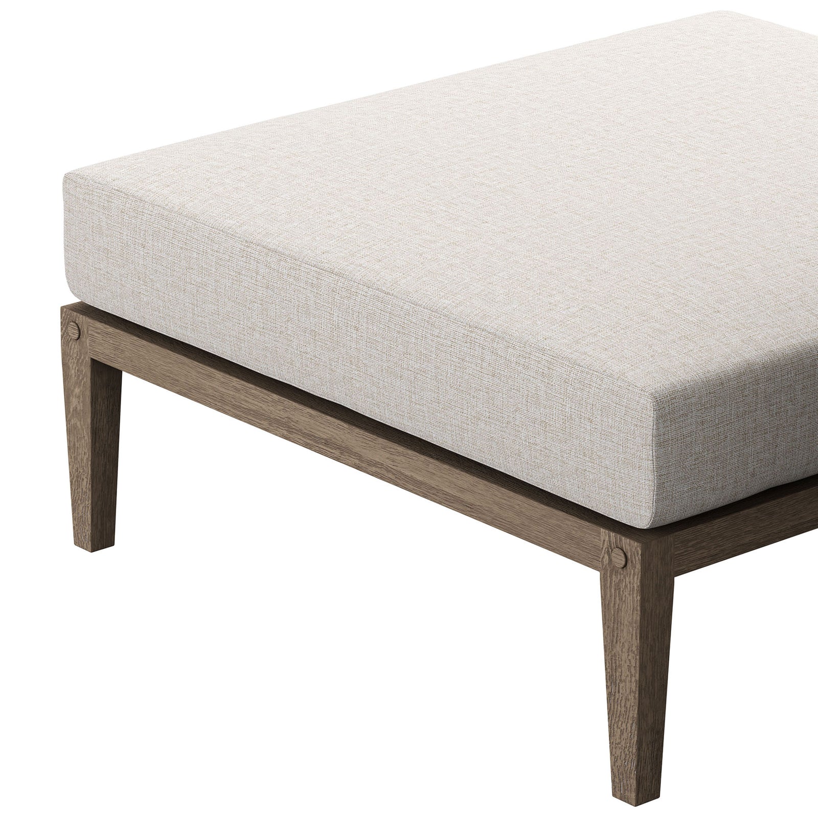 Beige cushion and weathered teak frame highlight the ottoman's clean lines and tailored edges || EEI-7255-WGR-PEB || detail_studio