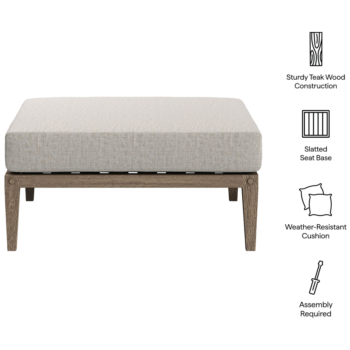 Northlake teak outdoor ottoman with beige cushion highlighting sturdy frame, slatted base, and weather-resistant design || EEI-7255-WGR-PEB || callout_studio