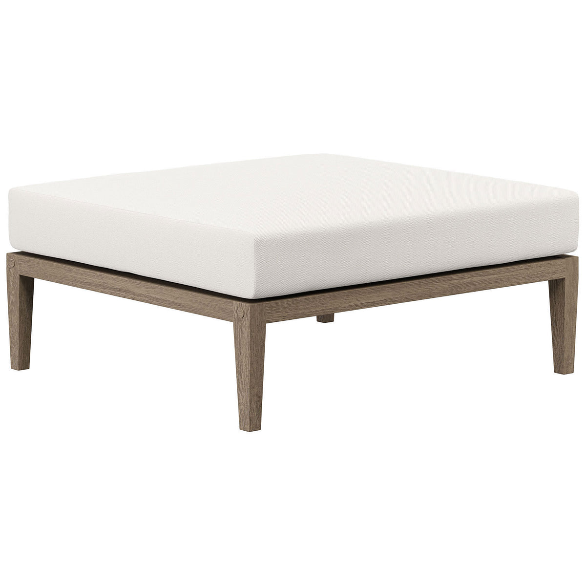 Teak outdoor ottoman with crisp white cushion and slim tapered legs for versatile patio seating || EEI-7255-WGR-WHI || front_angle_studio