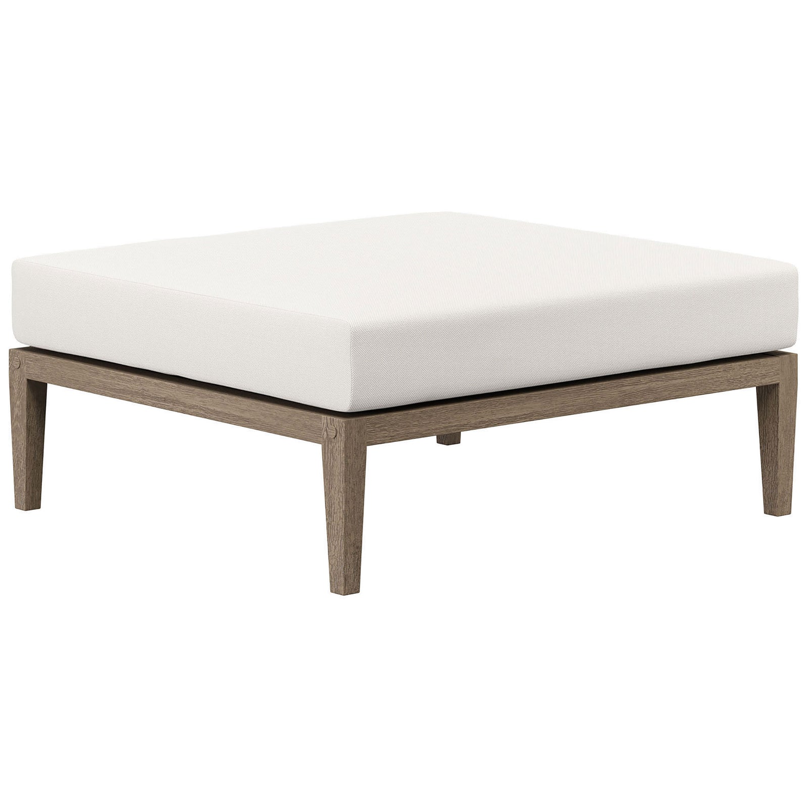 Teak outdoor ottoman with crisp white cushion and slim tapered legs for versatile patio seating || EEI-7255-WGR-WHI || front_angle_studio