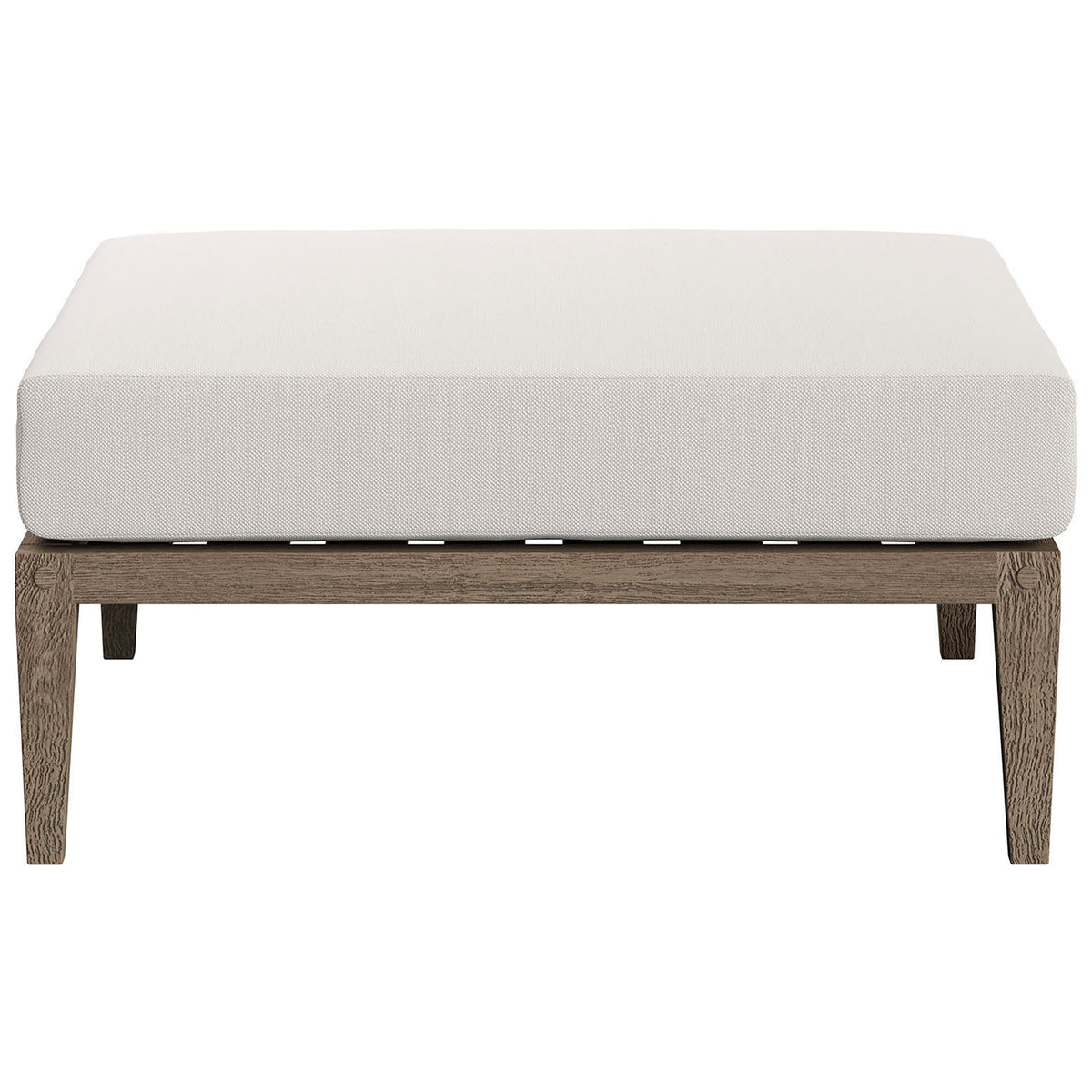 Modern teak patio ottoman with thick white cushion and slatted base for breathable comfort || EEI-7255-WGR-WHI || front_studio