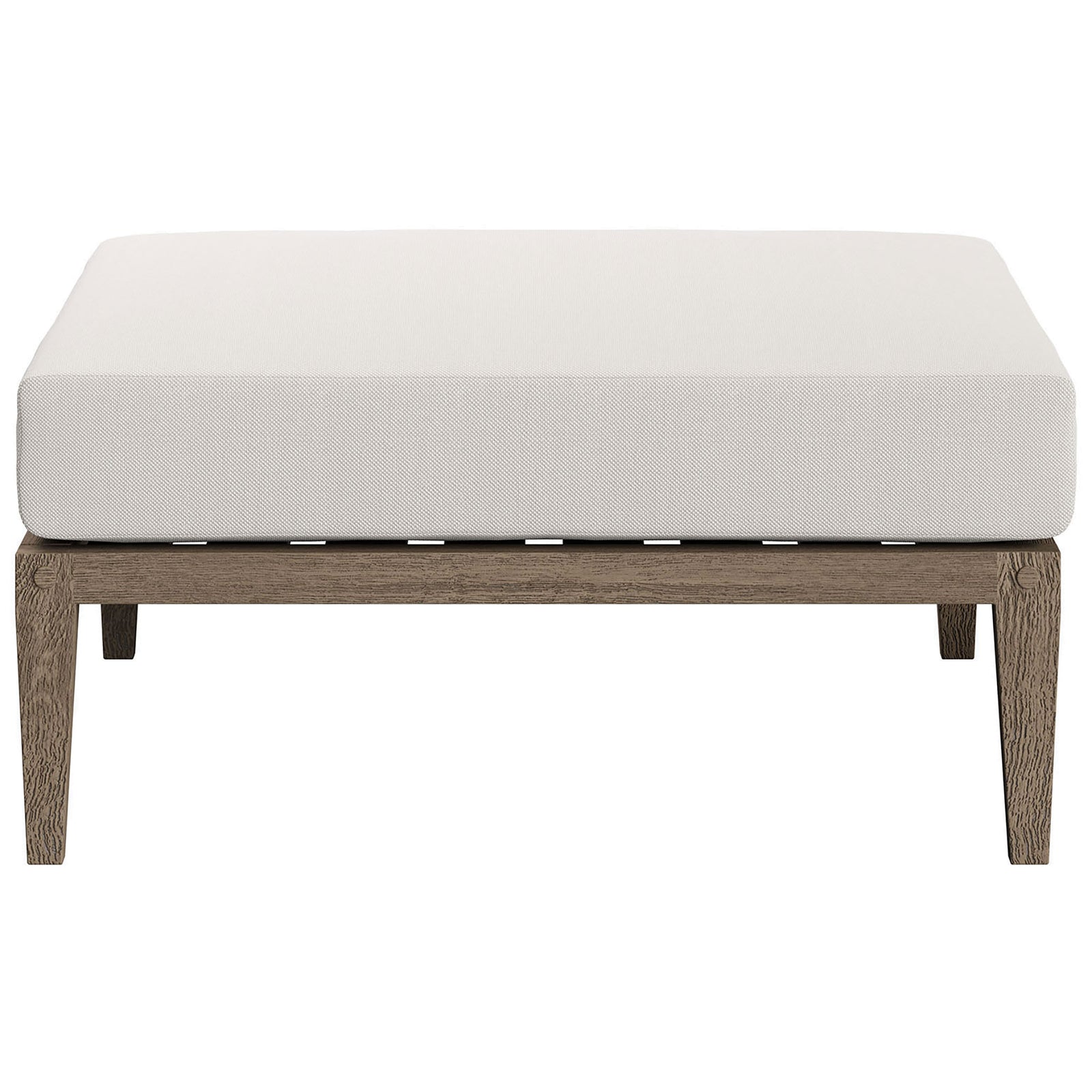 Modern teak patio ottoman with thick white cushion and slatted base for breathable comfort || EEI-7255-WGR-WHI || front_studio
