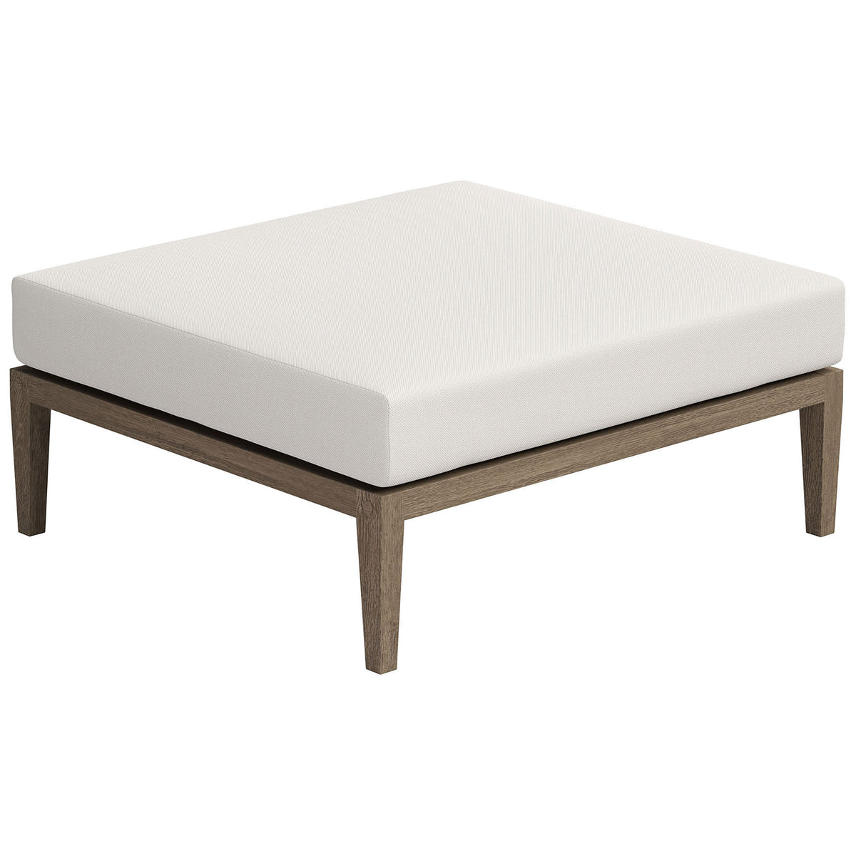 Spacious square outdoor ottoman in teak with white performance cushion for lounging || EEI-7255-WGR-WHI || front_angle_studio