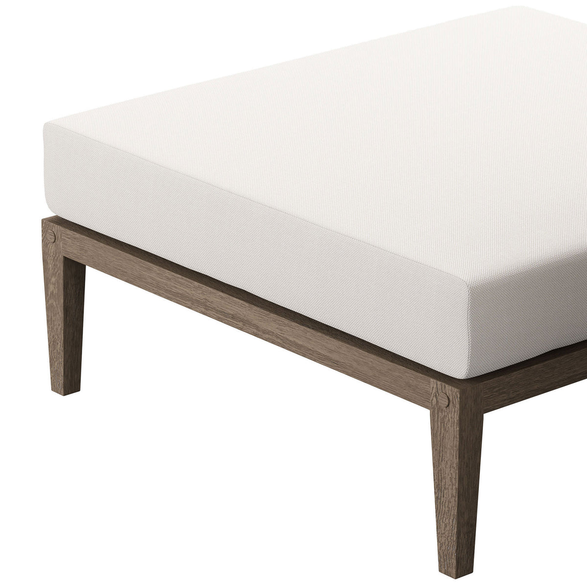 White cushion and weathered teak frame highlight the ottoman's clean lines and tailored edges || EEI-7255-WGR-WHI || detail_studio