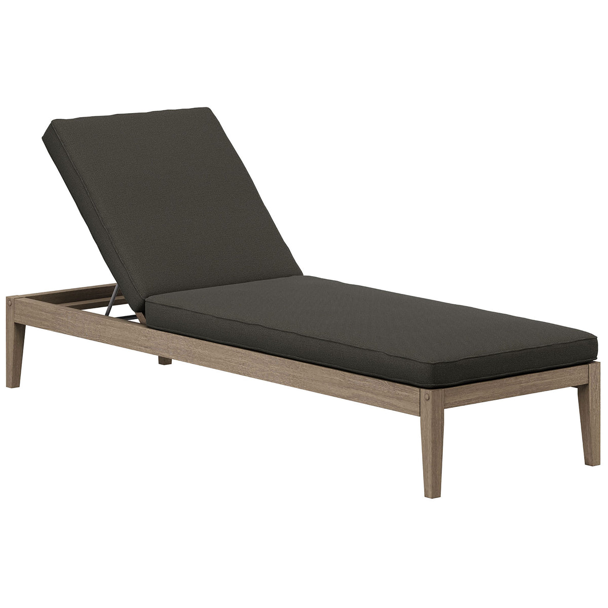 Teak poolside chaise with dark gray cushion and adjustable backrest for relaxing outdoor lounging || EEI-7256-WGR-FLI || front_angle_converted_studio