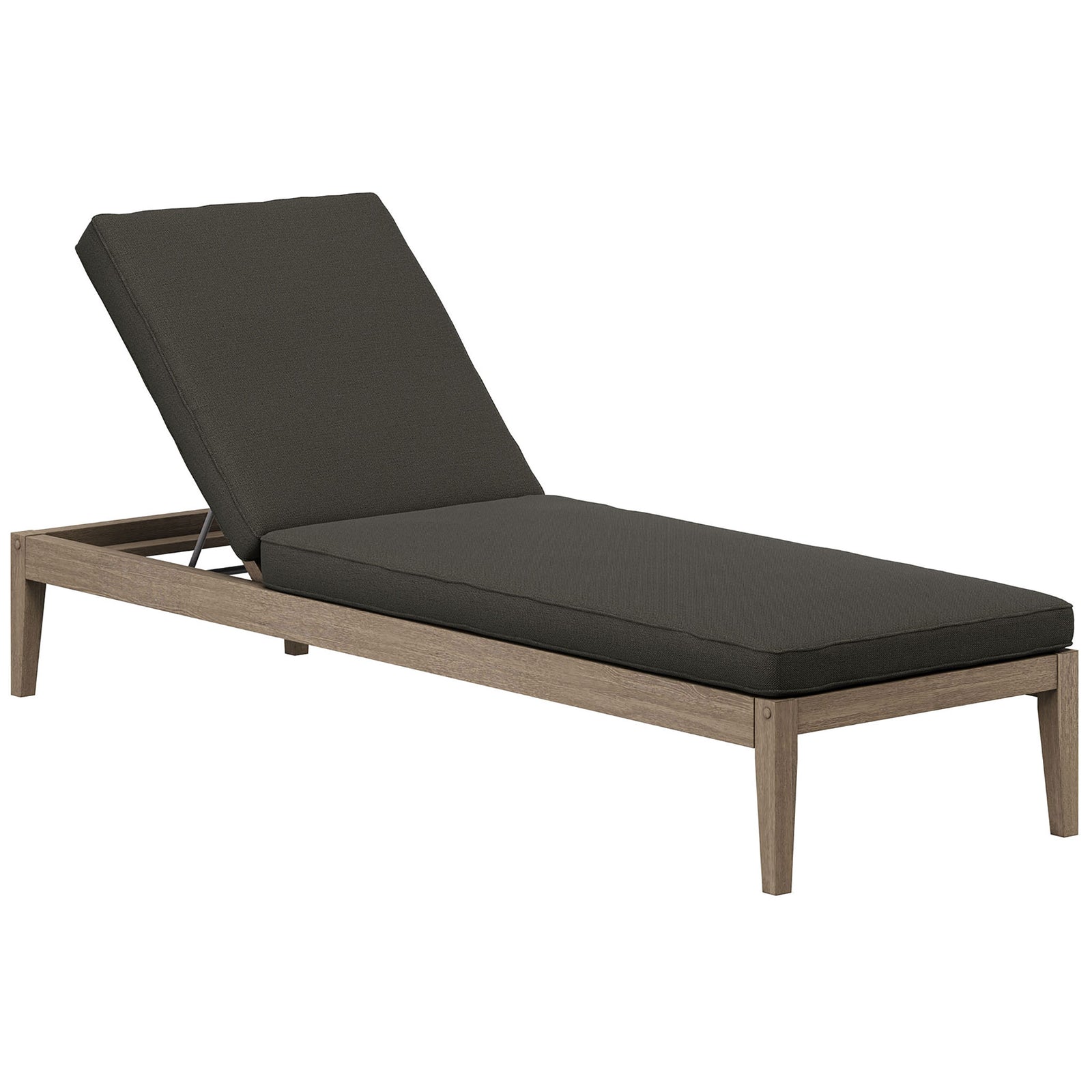 Teak poolside chaise with dark gray cushion and adjustable backrest for relaxing outdoor lounging || EEI-7256-WGR-FLI || front_angle_converted_studio