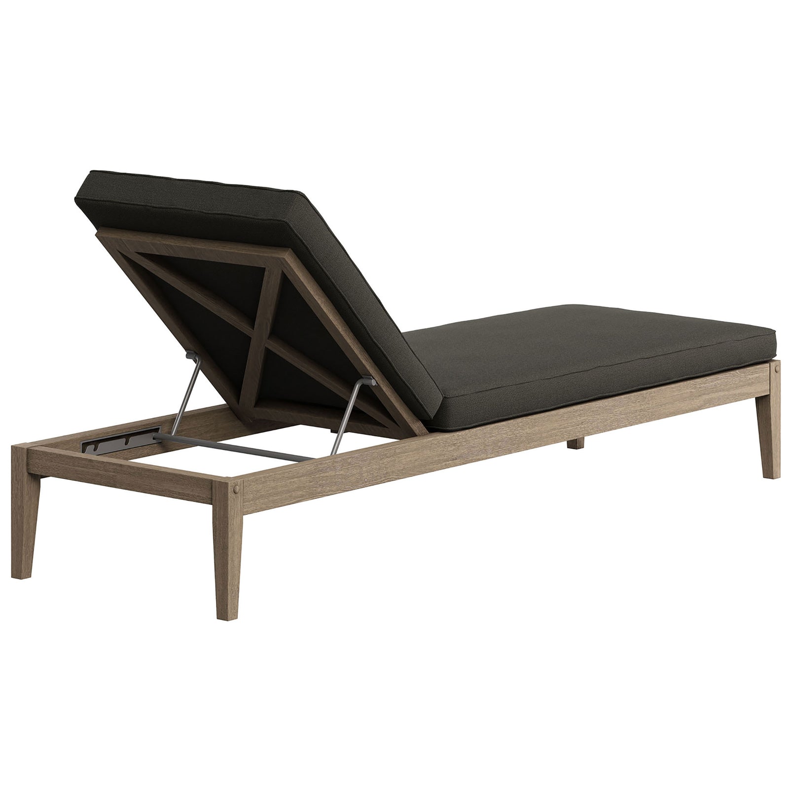 Teak chaise lounge with cross-back frame and dark gray cushion for supportive comfort || EEI-7256-WGR-FLI || back_angle_converted_studio