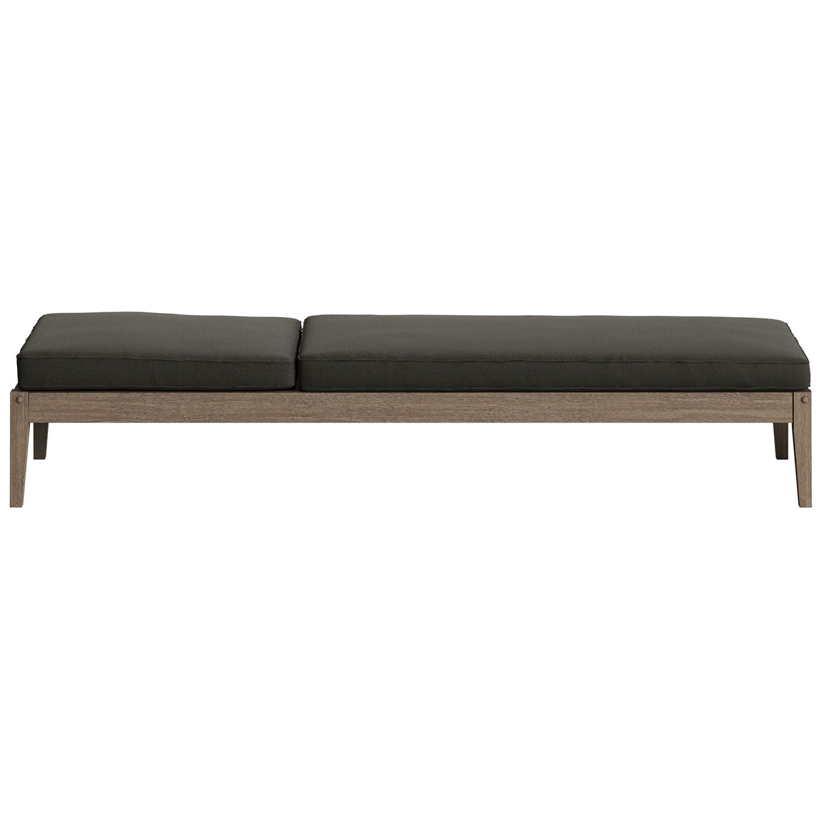 Teak outdoor chaise lounge with dark gray cushion shown fully flat for sunbathing comfort || EEI-7256-WGR-FLI || front_studio