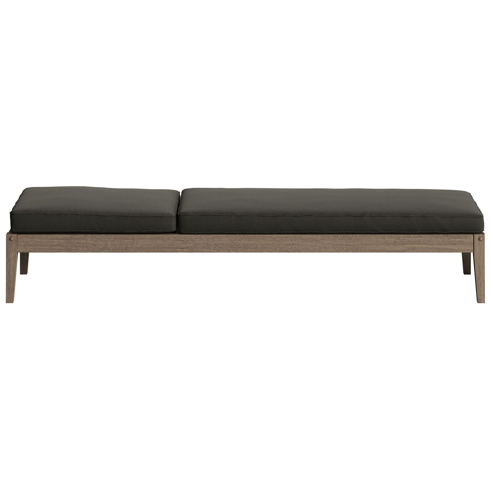 Teak outdoor chaise lounge with dark gray cushion shown fully flat for sunbathing comfort || EEI-7256-WGR-FLI || front_studio