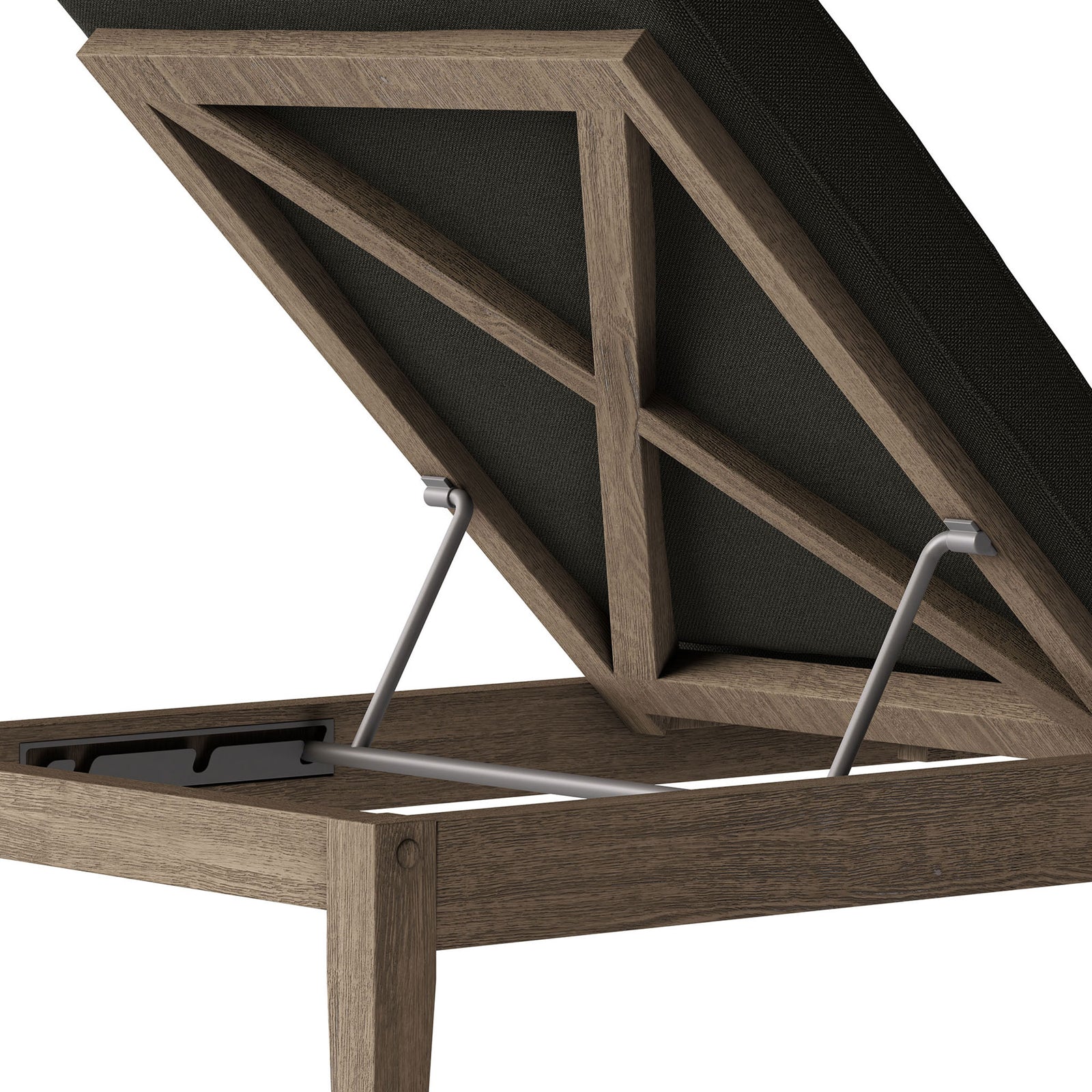 Teak frame and metal support hardware detail showcasing the chaise lounge adjustable backrest || EEI-7256-WGR-FLI || detail_studio
