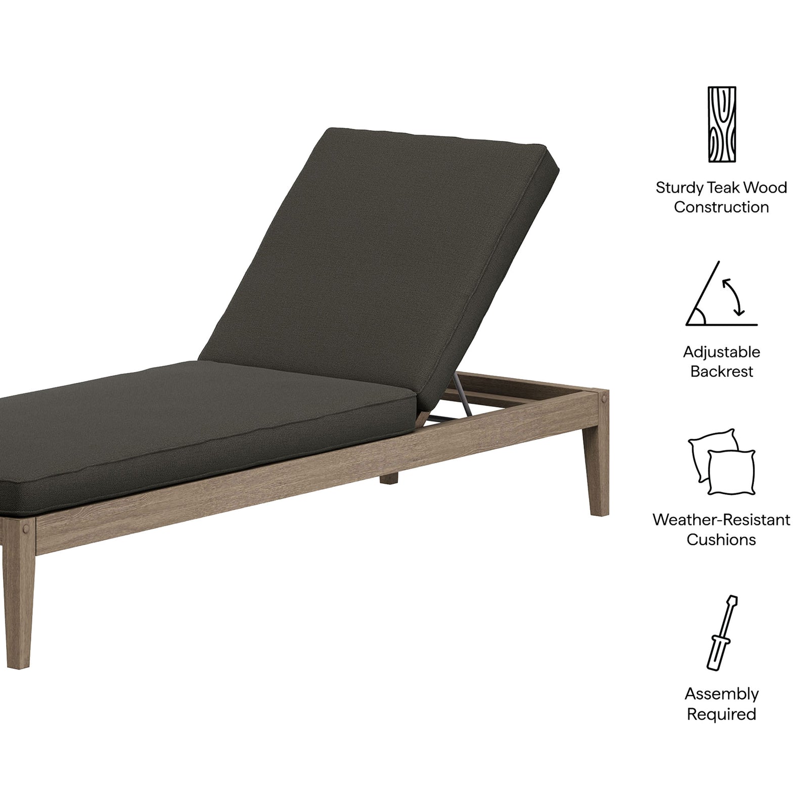 Feature graphic highlighting teak construction, adjustable backrest, and weather-resistant dark gray cushions || EEI-7256-WGR-FLI || callout_studio