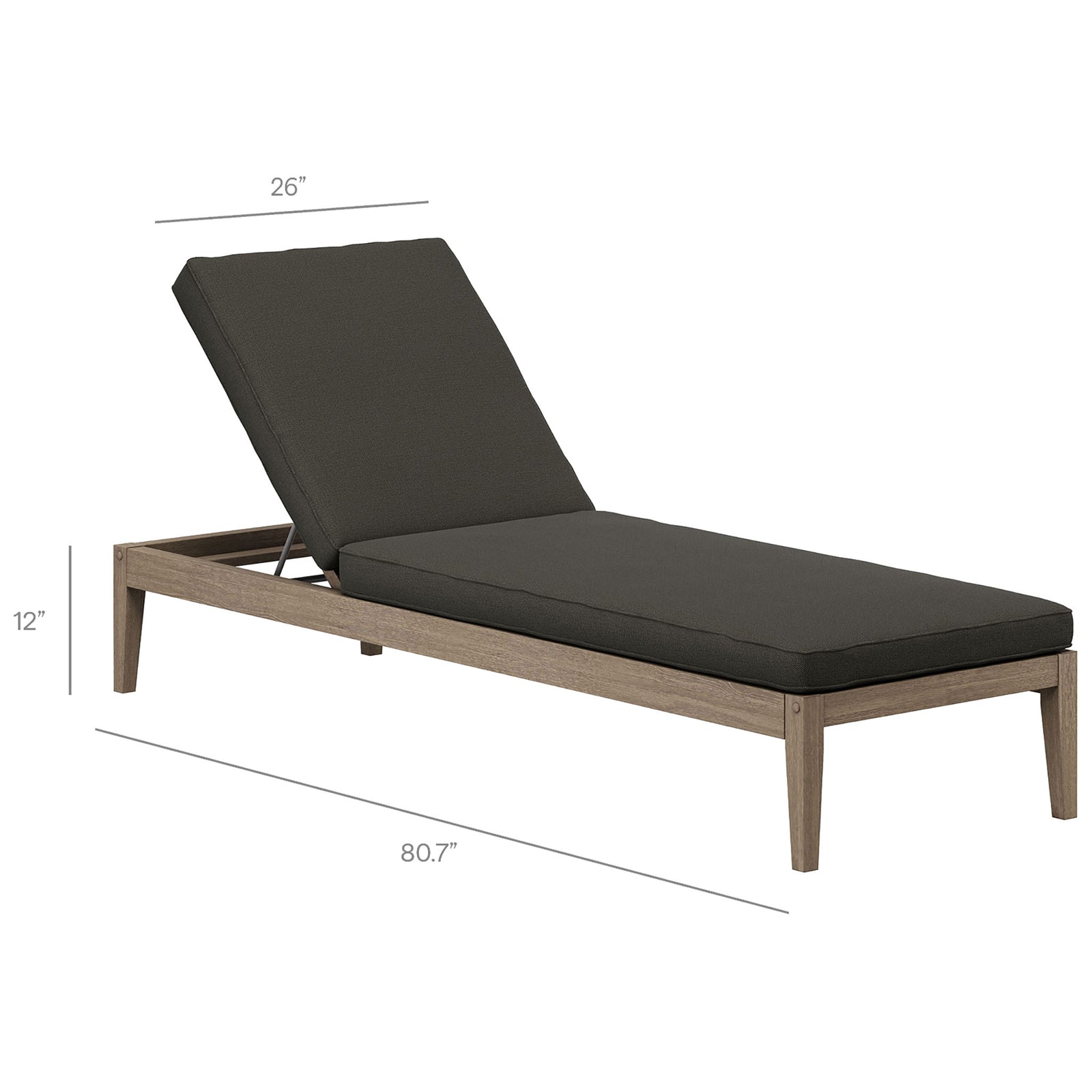 Dimension graphic of the teak chaise lounge with dark gray cushion showing overall length, width, and height || EEI-7256-WGR-FLI || dimension_studio