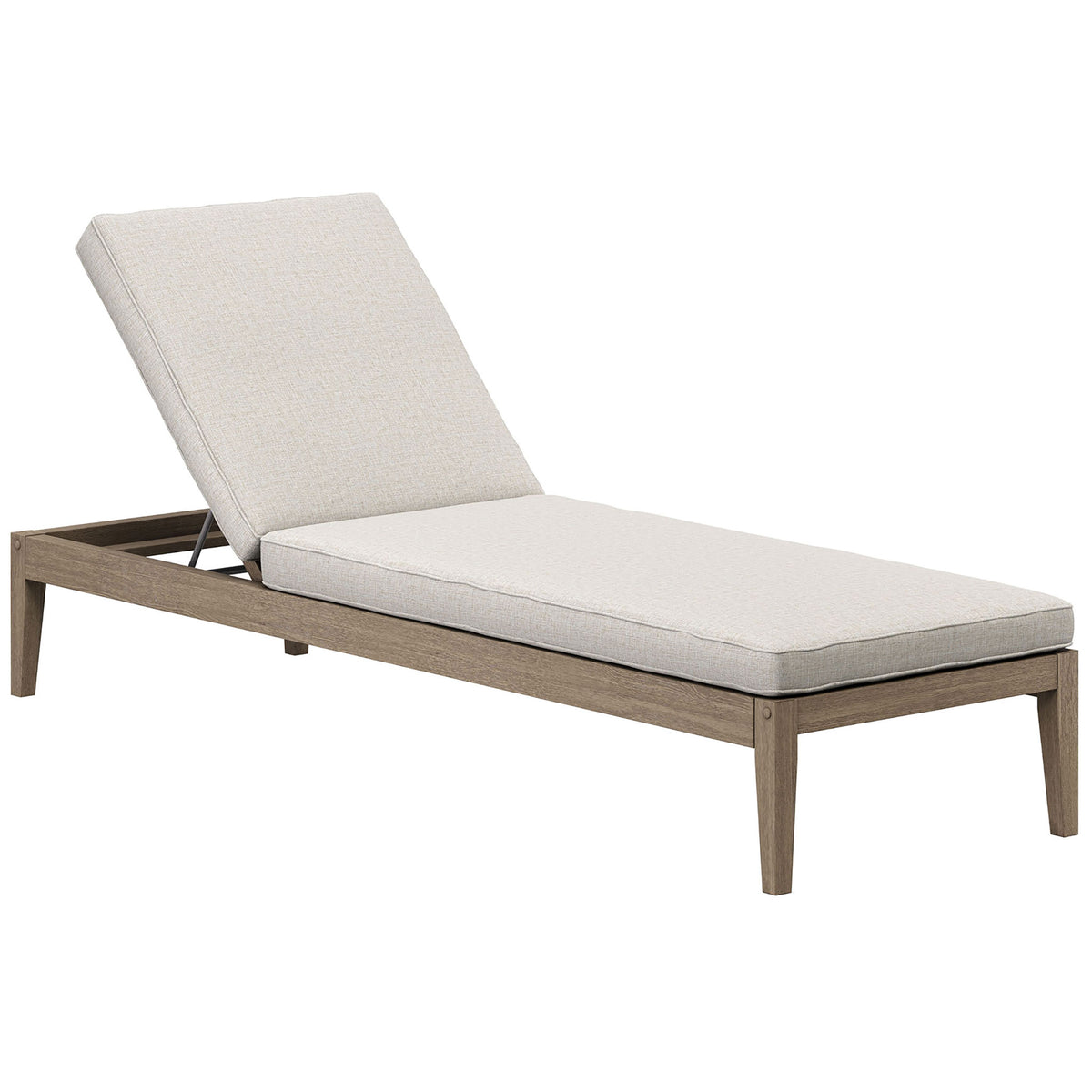 Teak poolside chaise with light pebble cushion and adjustable backrest for laid-back outdoor lounging || EEI-7256-WGR-PEB || front_angle_converted_studio