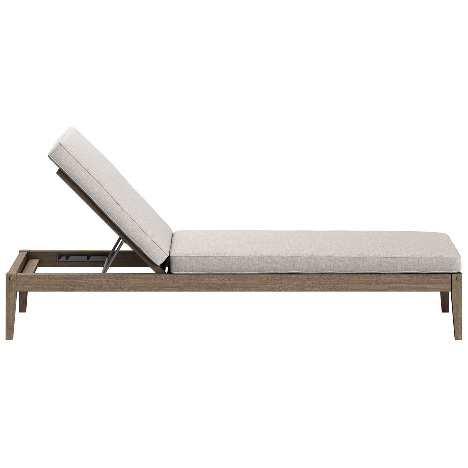 Slim teak chaise lounge with light pebble cushion emphasizing the modern, low-profile silhouette || EEI-7256-WGR-PEB || side_converted_studio
