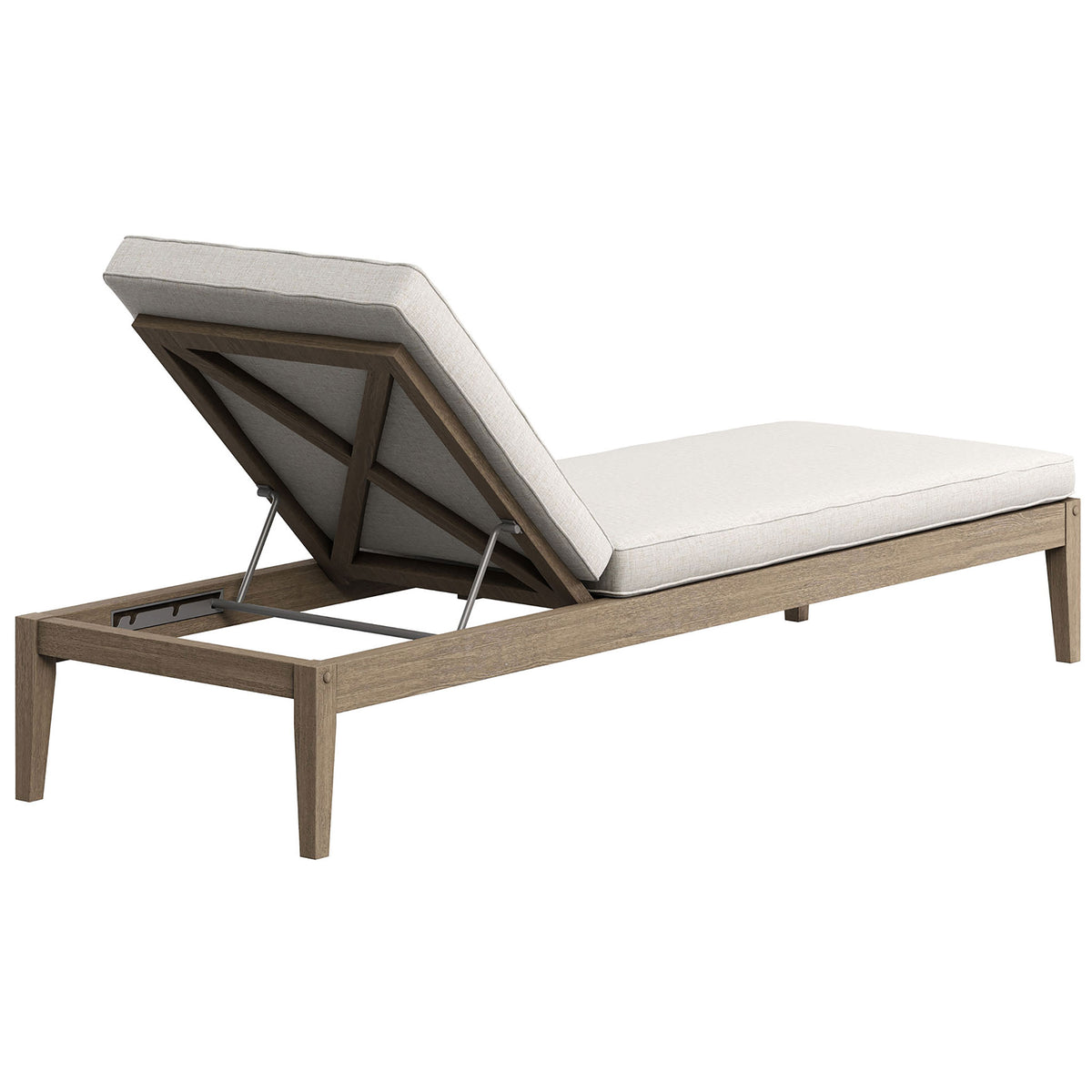 Teak chaise lounge with cross-back frame and light pebble cushion for supportive outdoor comfort || EEI-7256-WGR-PEB || back_angle_converted_studio