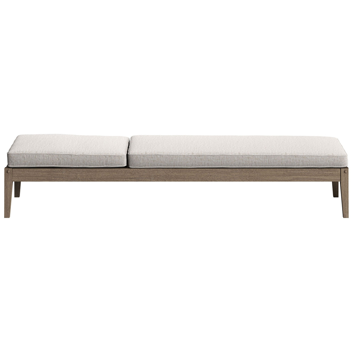 Teak outdoor chaise lounge with light pebble cushion shown fully flat for comfortable sunbathing || EEI-7256-WGR-PEB || front_studio