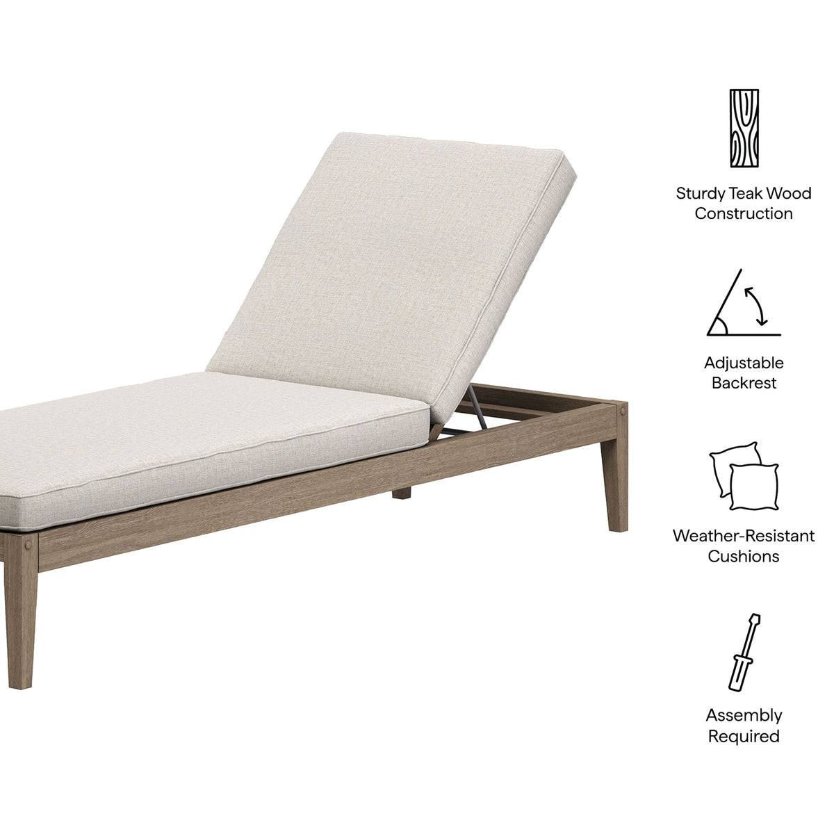 Feature graphic highlighting teak construction, adjustable backrest, and weather-resistant light pebble cushions || EEI-7256-WGR-PEB || callout_studio