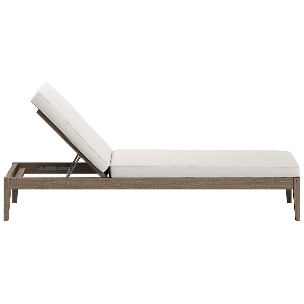 Slim teak chaise lounge with white cushion emphasizing the modern, low-profile silhouette || EEI-7256-WGR-WHI || side_converted_studio