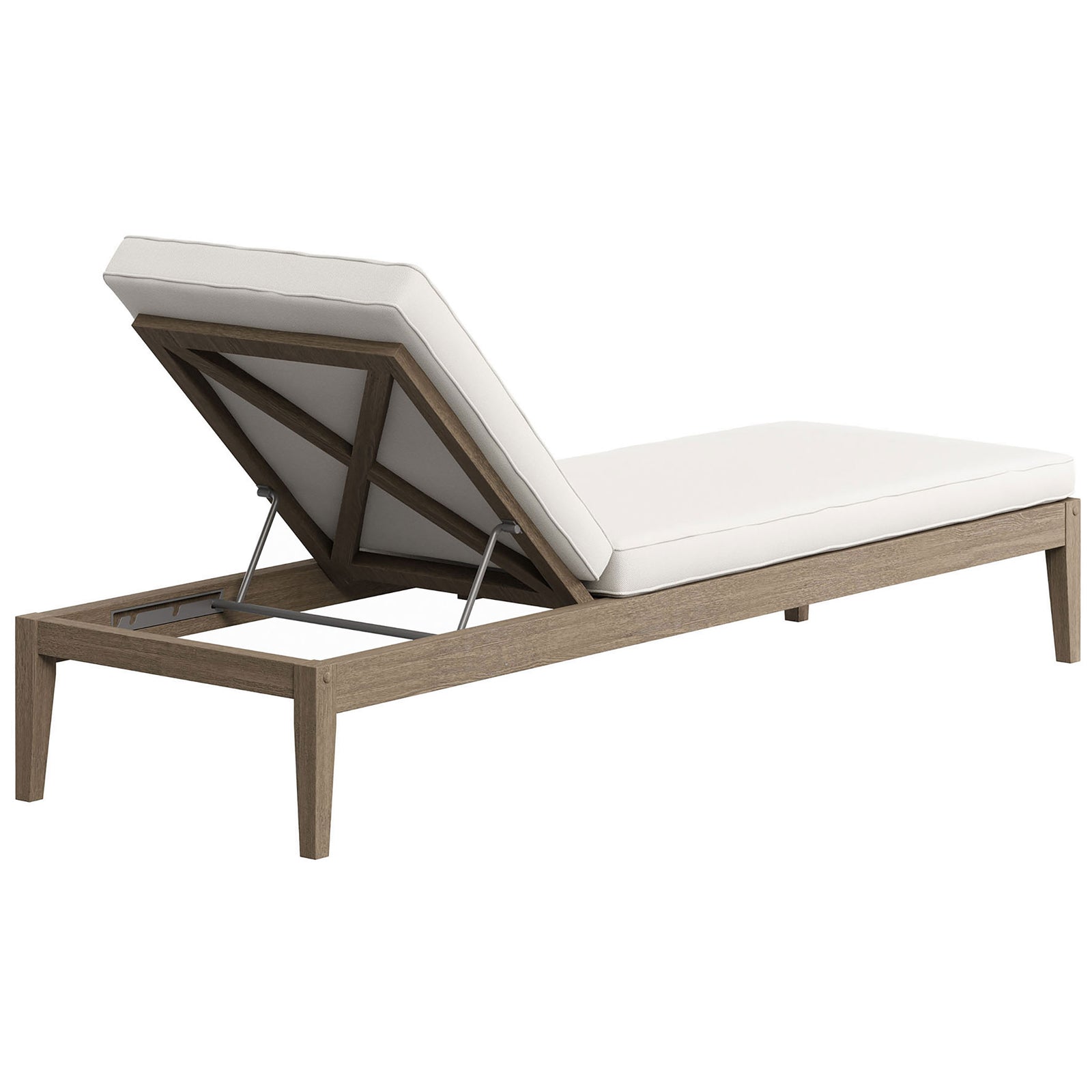 Teak chaise lounge with cross-back frame and white cushion for supportive outdoor comfort || EEI-7256-WGR-WHI || back_angle_converted_studio