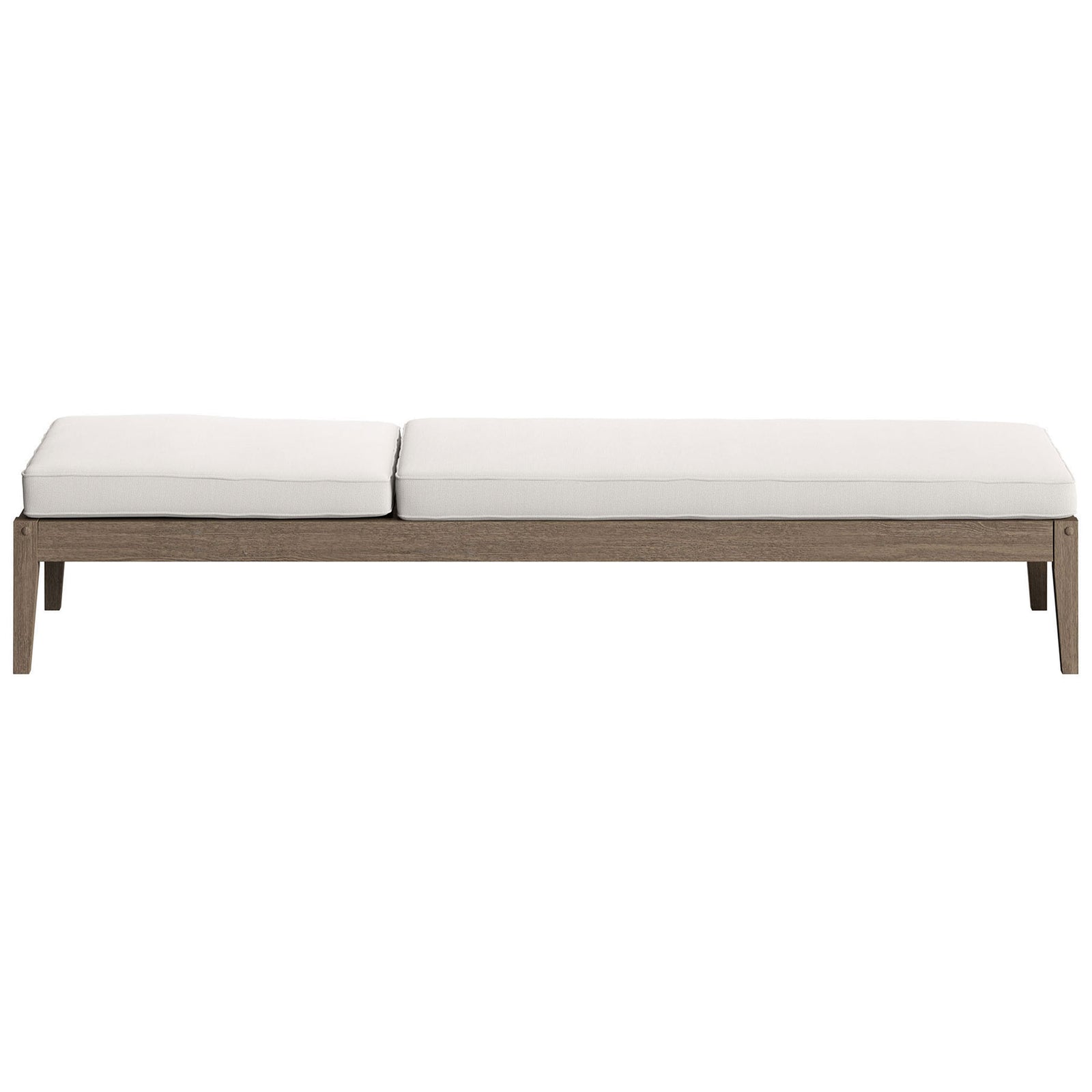 Teak outdoor chaise lounge with crisp white cushion shown fully flat for poolside sunbathing || EEI-7256-WGR-WHI || front_studio