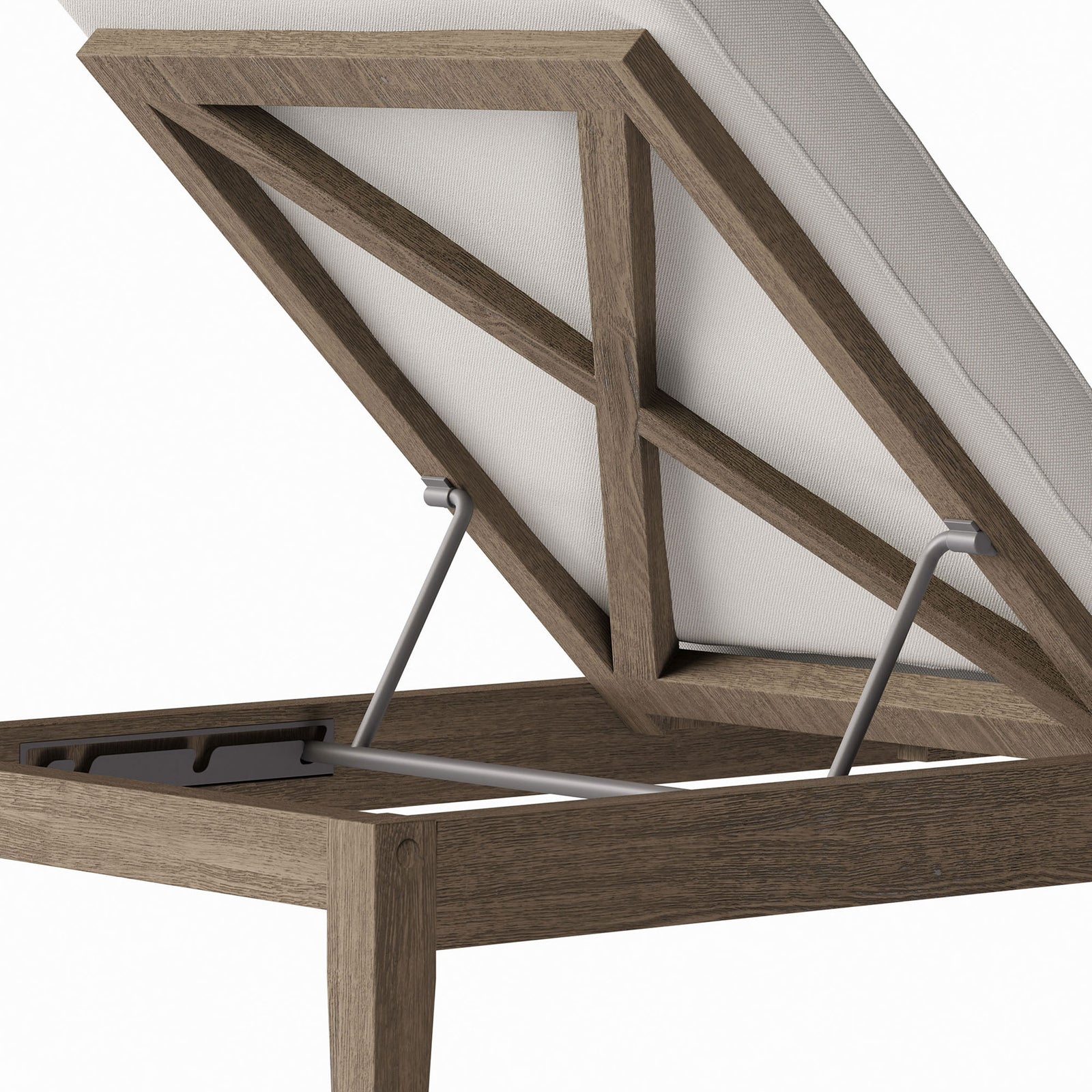 Teak frame and metal support hardware detail highlighting the chaise lounge adjustable white cushion backrest || EEI-7256-WGR-WHI || detail_studio