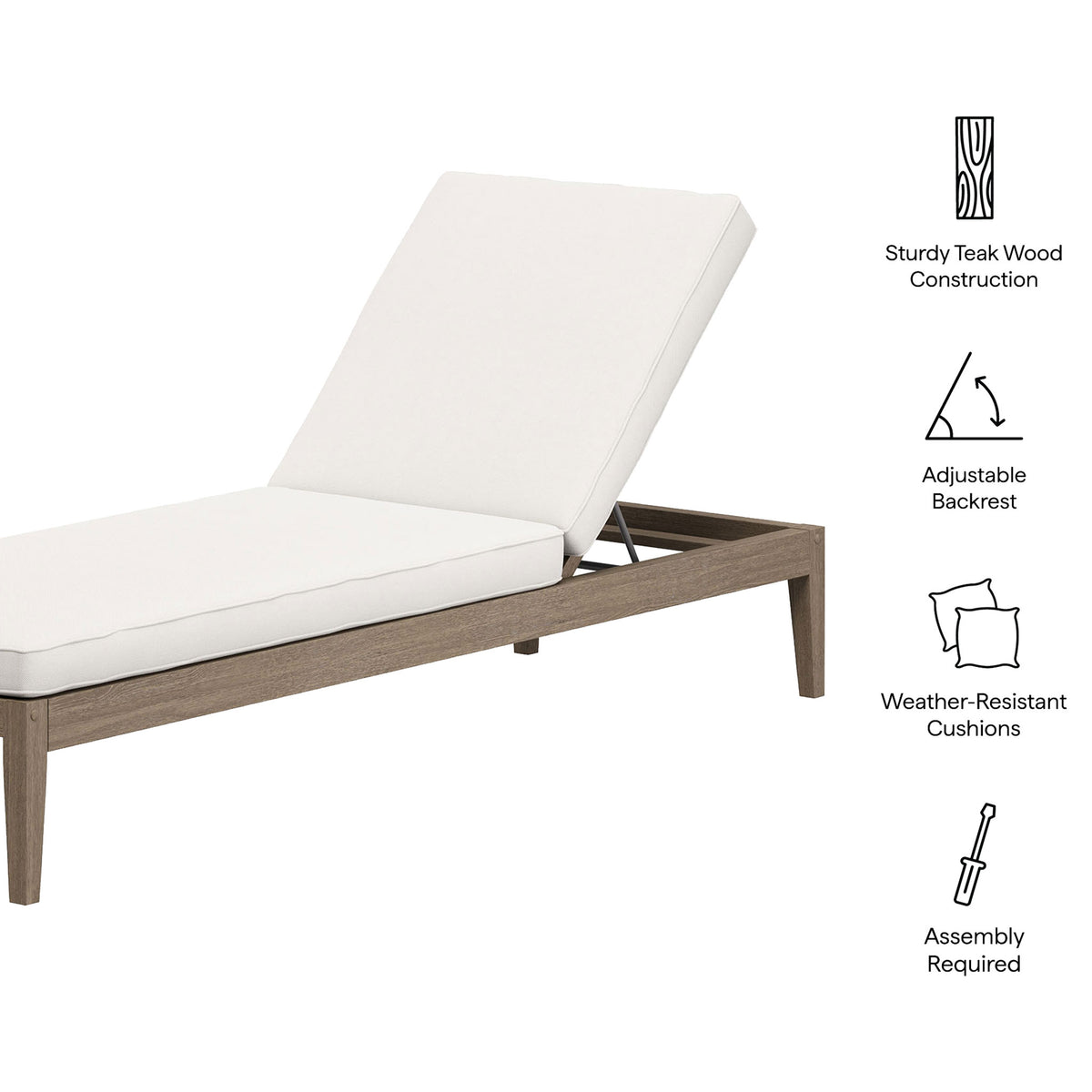 Feature graphic highlighting teak construction, adjustable backrest, and weather-resistant white cushions || EEI-7256-WGR-WHI || callout_studio