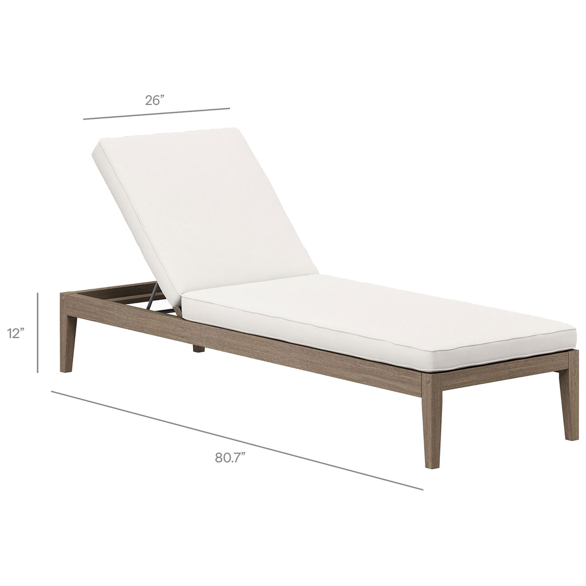 Dimension graphic of the teak chaise lounge with white cushion showing overall length, width, and height || EEI-7256-WGR-WHI || dimension_studio