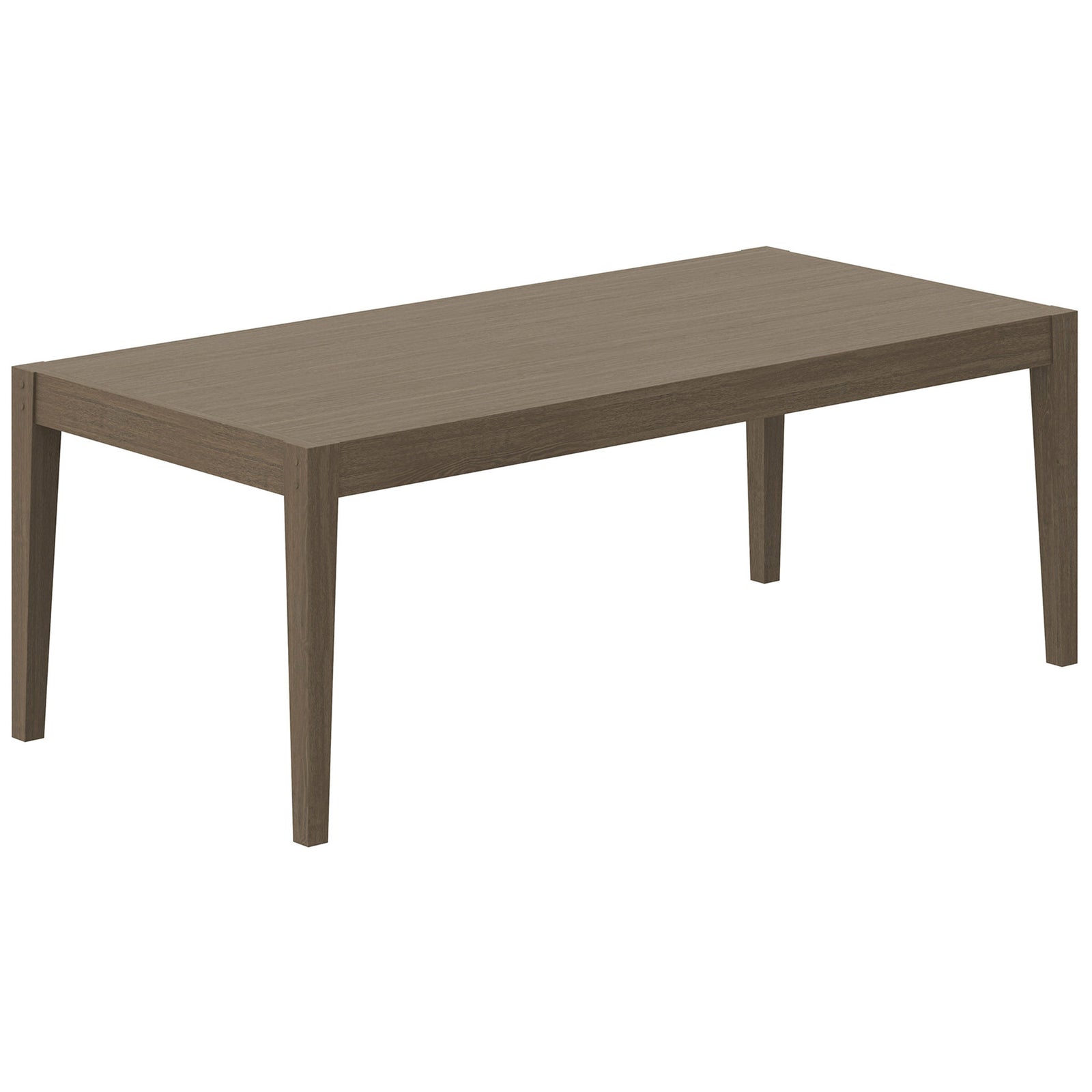 Modern weathered gray teak dining table featuring slim tapered legs and generous seating space || EEI-7257-WGR || front_angle_studio