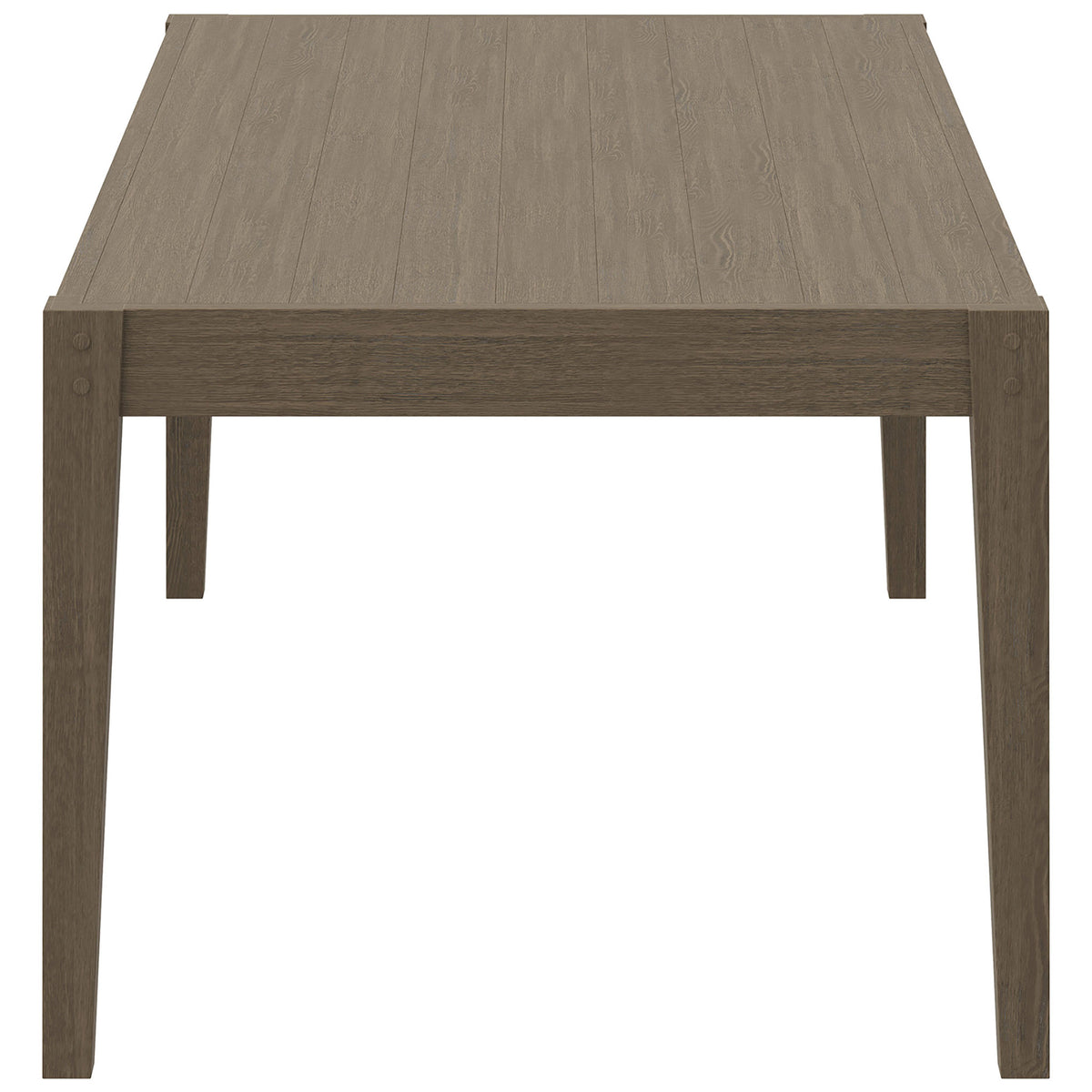 Weathered gray teak dining table with narrow end panel and straight legs for a streamlined look || EEI-7257-WGR || side_studio