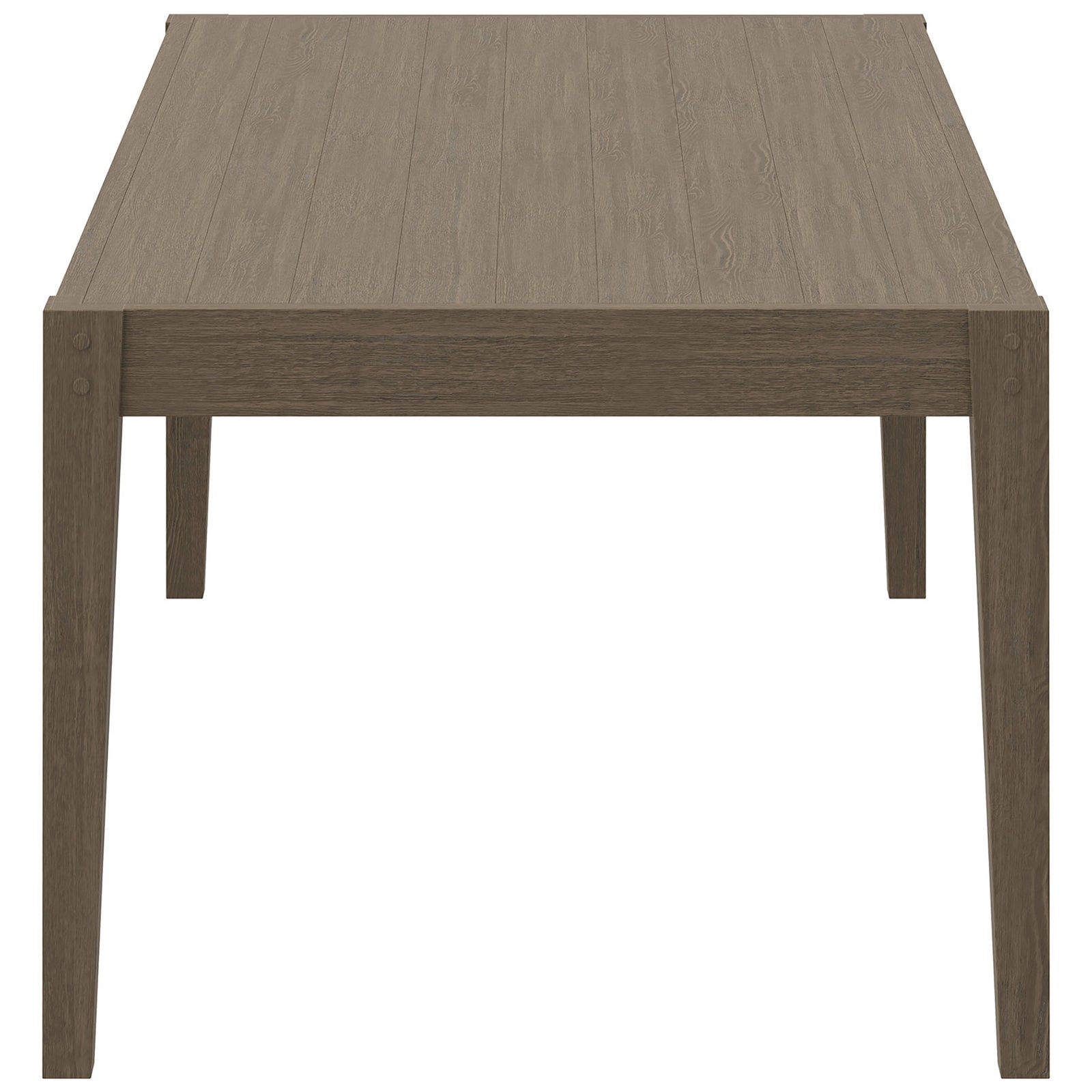 Weathered gray teak dining table with narrow end panel and straight legs for a streamlined look || EEI-7257-WGR || side_studio