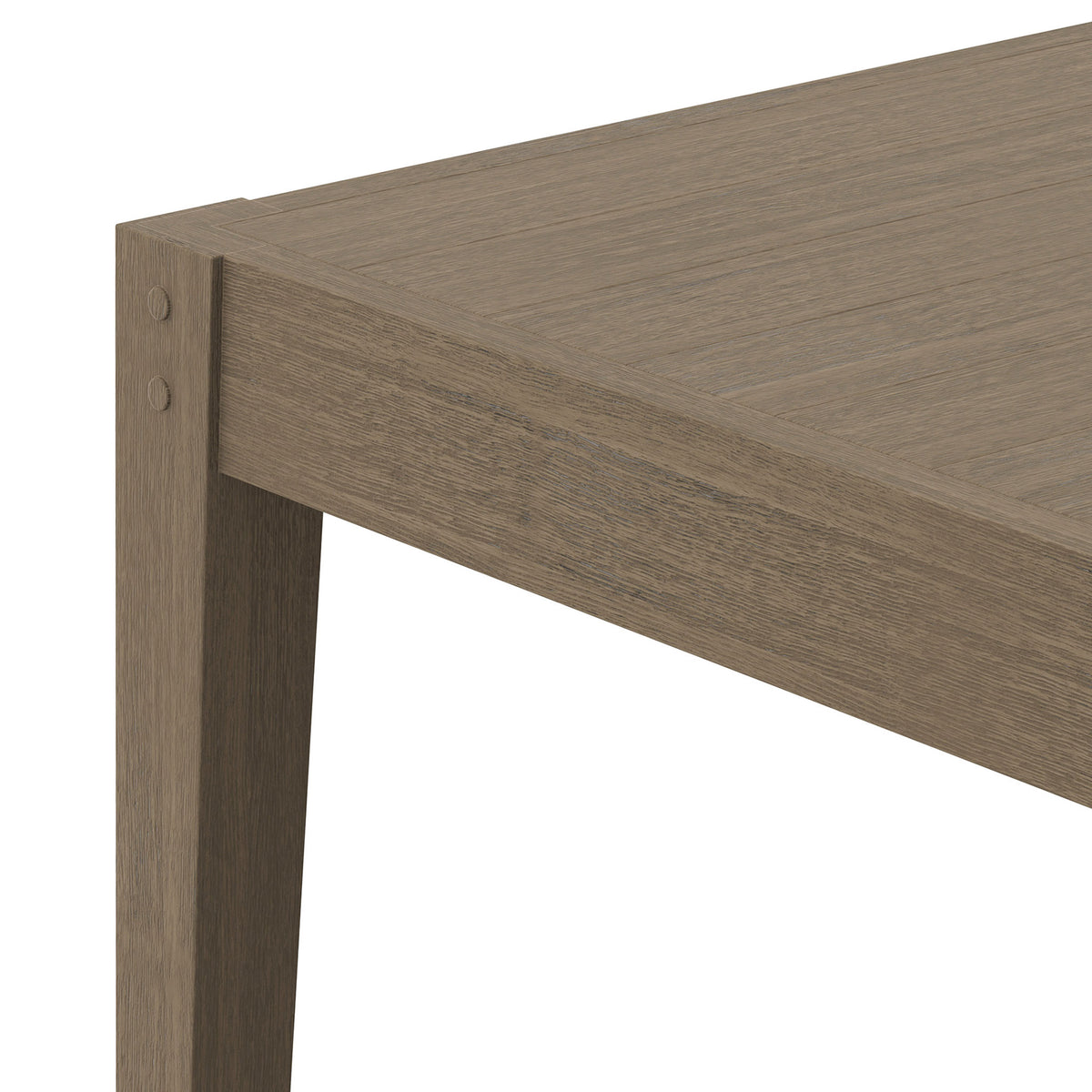 Teak dining table corner highlighting smooth joinery, dowel accents, and rich weathered gray grain || EEI-7257-WGR || detail_studio