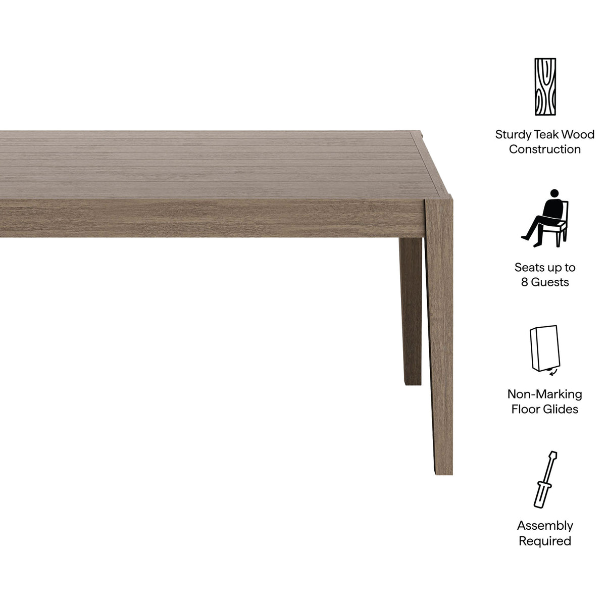 Weathered gray teak patio dining table with icons noting sturdy build, seating capacity, and easy assembly || EEI-7257-WGR || callout_studio