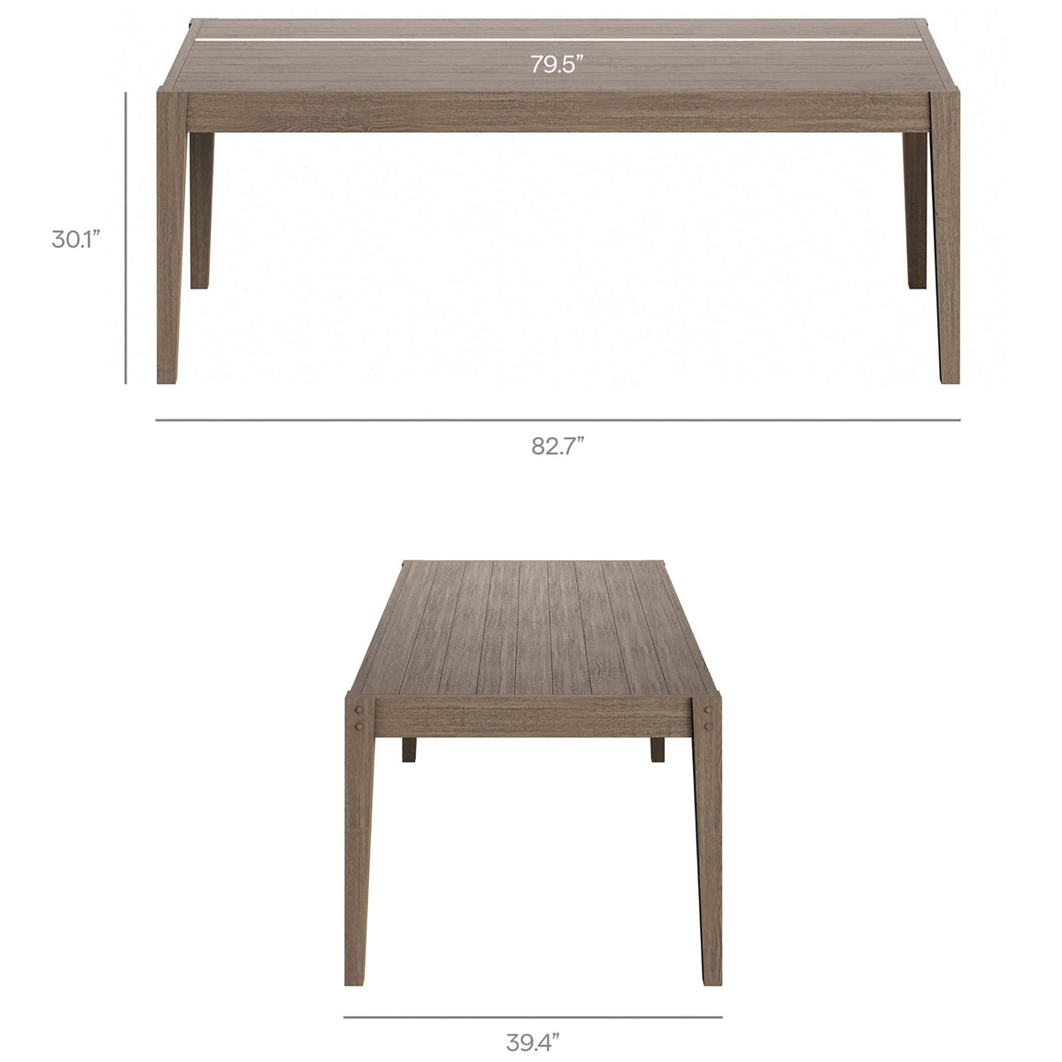 Weathered gray teak dining table with overlay dimensions for height, width, and plank spacing || EEI-7257-WGR || dimension_studio