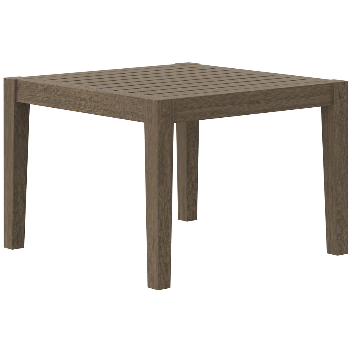 Weathered gray teak side table with tapered legs and open space beneath for outdoor lounging. || EEI-7258-WGR || front_angle_studio